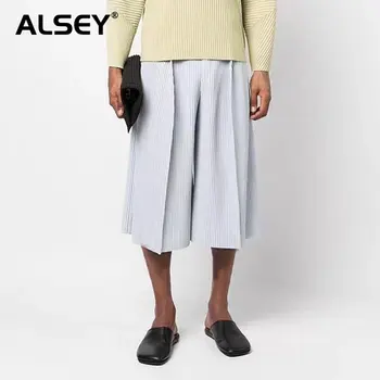 ALSEY Miyake 2023 Весенние Мужские Брюки длиной до икр, Японский Стиль, Широкие Повседневные однотонные брюки с эластичной талией, Новый Тренд